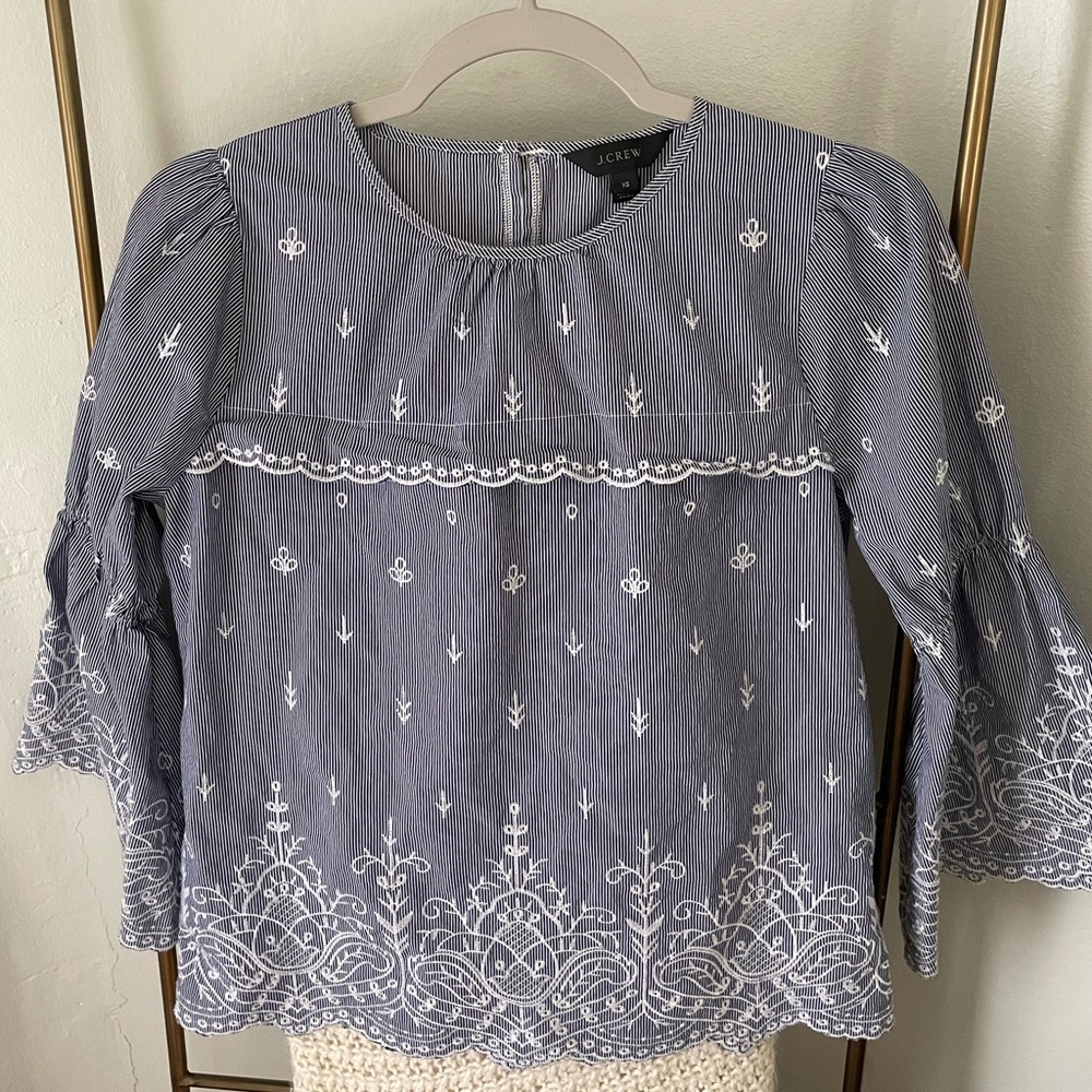 J. Crew pinstripe embroidered bell sleeve top